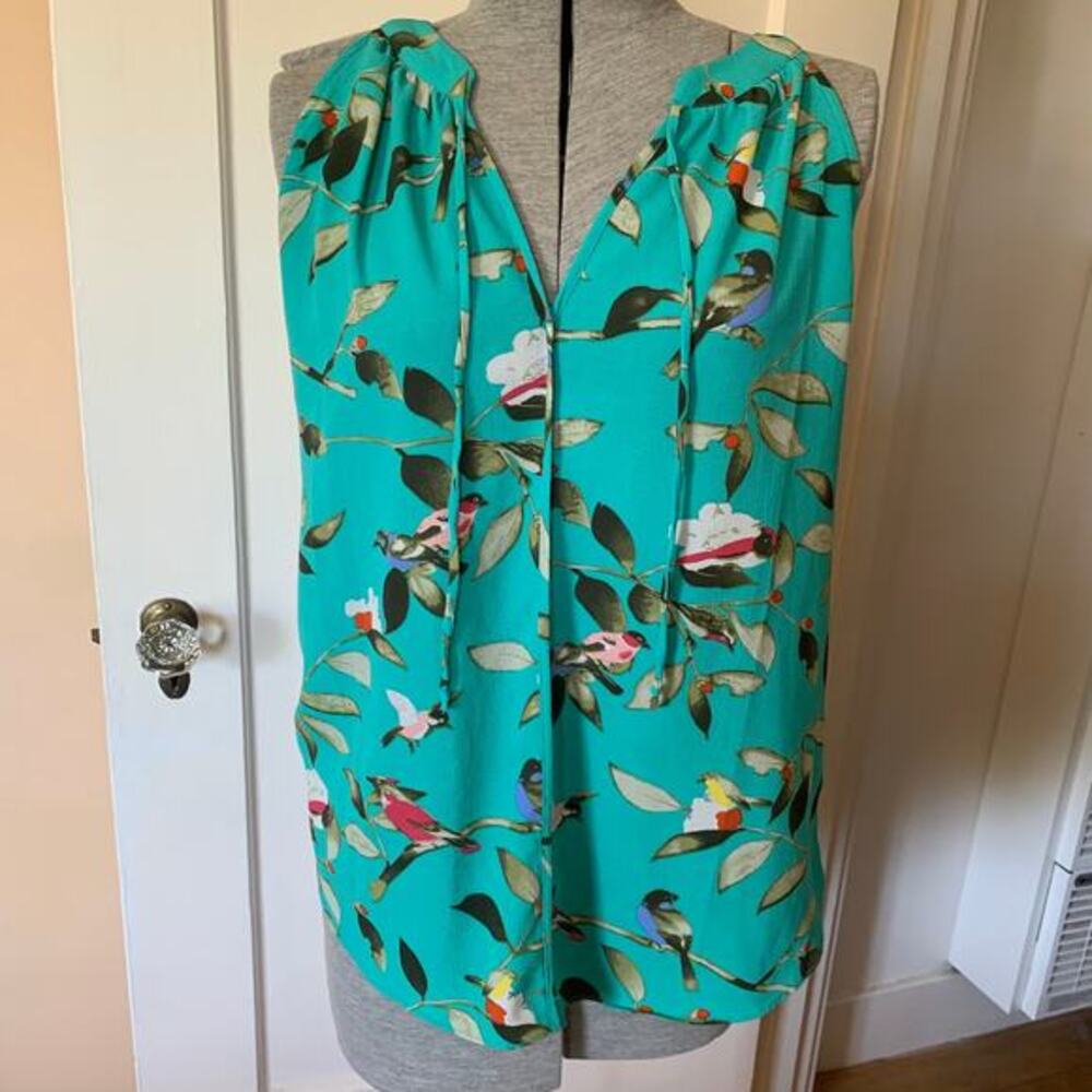 c&e Womens Bird Print Sleeveless Blouse Teal‎ Green Tie Neck Large